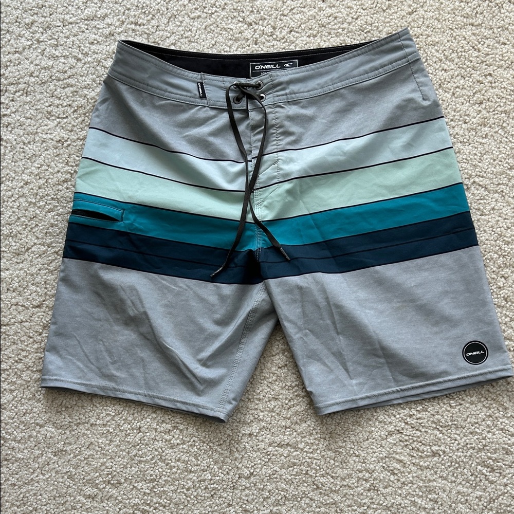 O'Neill Hyperfreak Men's Gray and Teal Striped Board Shorts